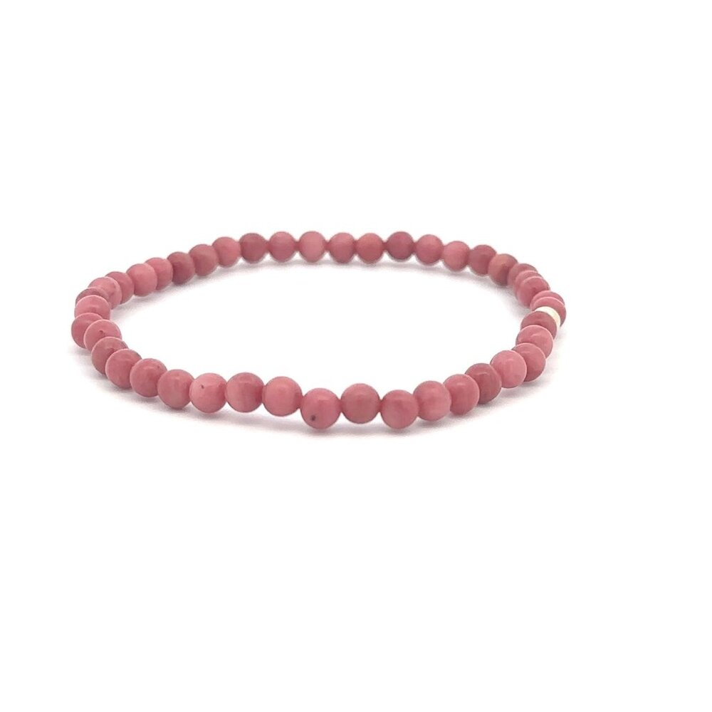 Rhodonite Gemstone Beaded Stretch Bracelet 14K Gold Accent Bead Handmade - Picture 5 of 8